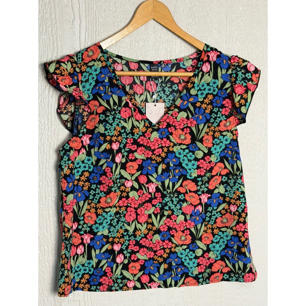 Emery Rose Floral Flutter Sleeve V-Neck Blouse Black Pink Blue Size L NWT